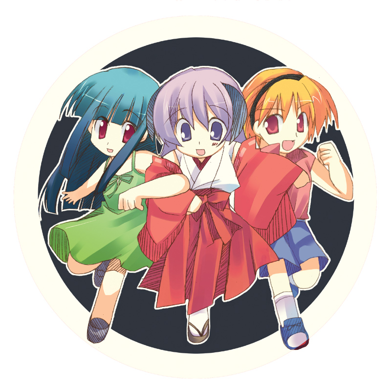 mizuki toko, furude rika, hanyuu, houjou satoko, higurashi no naku koro ni, 00s, 3girls, :d, blonde hair, blunt bangs, casual, circle, dress, female focus, green skirt, hakama, hakama skirt, horns, japanese clothes, long hair, miko, multiple girls, open mouth, outside border, purple eyes, purple hair, red eyes, red hakama, round image, sandals, short hair, skirt, smile, socks, white background, zouri