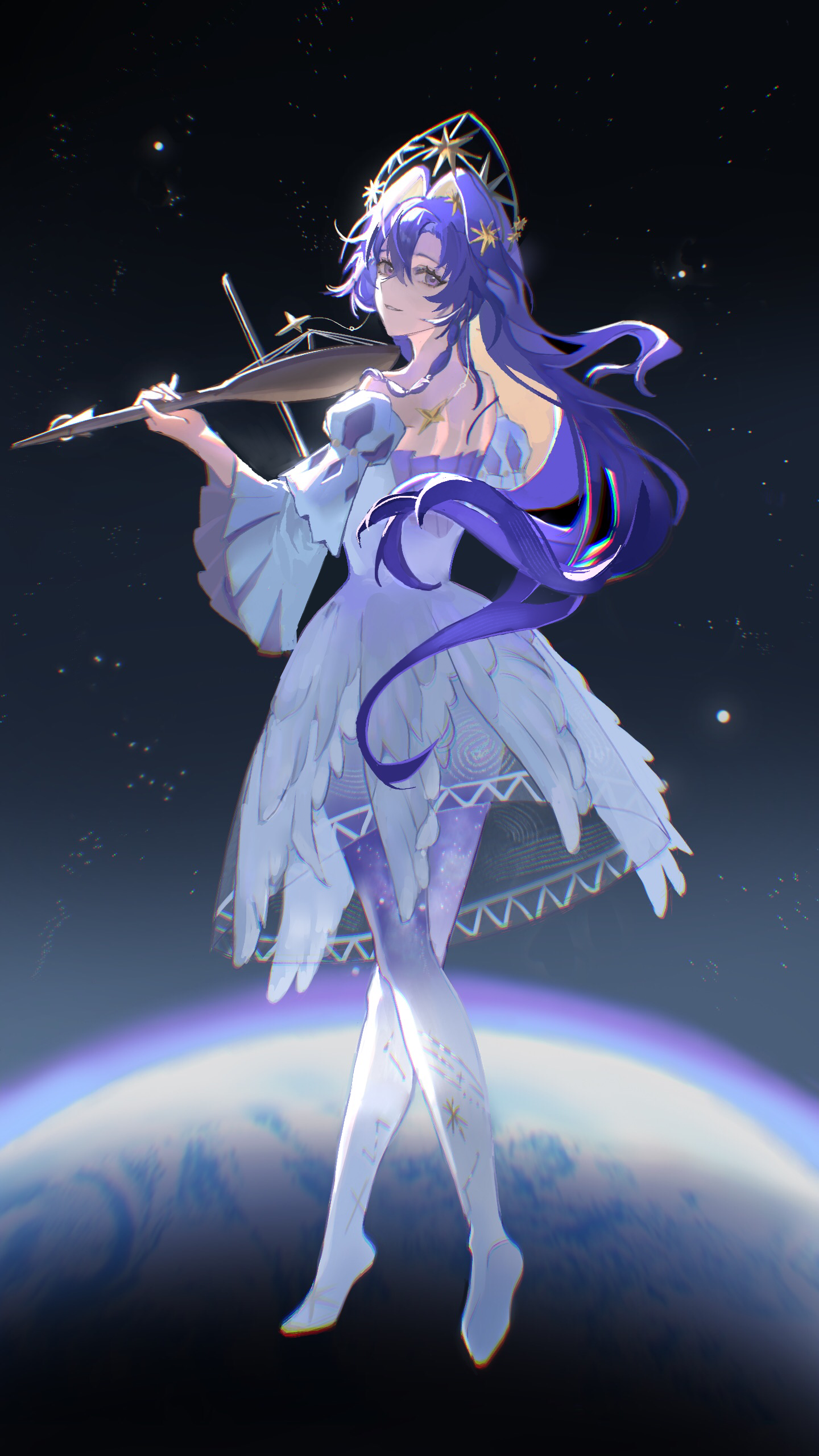 shixi (shir0shio), voyager (choir of the stars) (reverse:1999), voyager (reverse:1999), reverse:1999, absurdres, highres, 1girl, bare shoulders, blonde hair, blue eyes, blue hair, bow (music), colored inner hair, dress, earth (planet), floating hair, from side, full body, gradient pantyhose, grin, gudok, hair intakes, hair ornament, hand up, holding, holding bow (music), juliet sleeves, kokoshnik, long hair, long sleeves, looking at viewer, multicolored hair, off-shoulder dress, off shoulder, official alternate costume, pantyhose, planet, print pantyhose, puffy sleeves, short dress, smile, solo, space, star (sky), star (symbol), star hair ornament, starry sky print, turning head, very long hair, white dress, white pantyhose, wide sleeves
