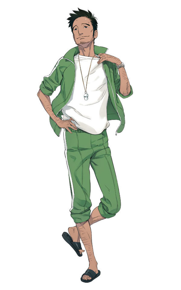 fukuda tomonori, nagafukada mitsuhiko, robotics;notes, science adventure, game cg, official art, 1boy, arm hair, black hair, facial hair, flippers, full body, jacket, leg hair, long hair, looking at viewer, male focus, open clothes, pants, shirt, short hair, simple background, smile, solo, stubble, toenails, toes, track jacket, very short hair, whistle, whistle around neck, white shirt