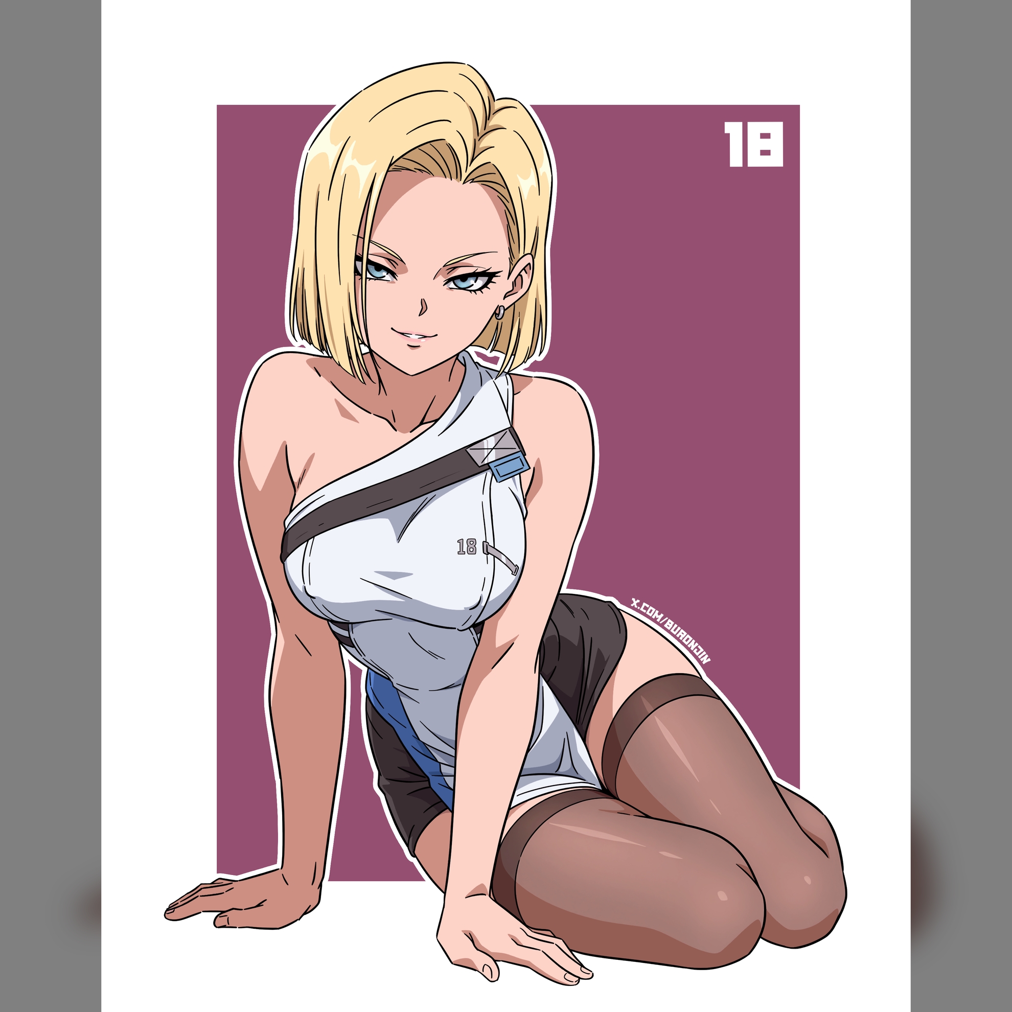 buronjin, android 18, dragon ball, girls' frontline, commentary, english commentary, highres, 1girl, arm support, bare arms, bare shoulders, black thighhighs, blonde hair, blue eyes, breasts, collarbone, covered erect nipples, crossover, earrings, elmo dormitory outfit, forehead, grin, jewelry, large breasts, looking at viewer, medium hair, pinup (style), sitting, smile, solo, swept bangs, thighhighs, twitter username