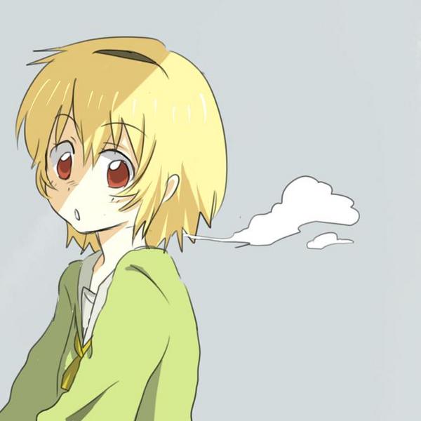 houjou satoko, higurashi no naku koro ni, 00s, 1girl, blonde hair, dress, female focus, red eyes, short hair, simple background, solo