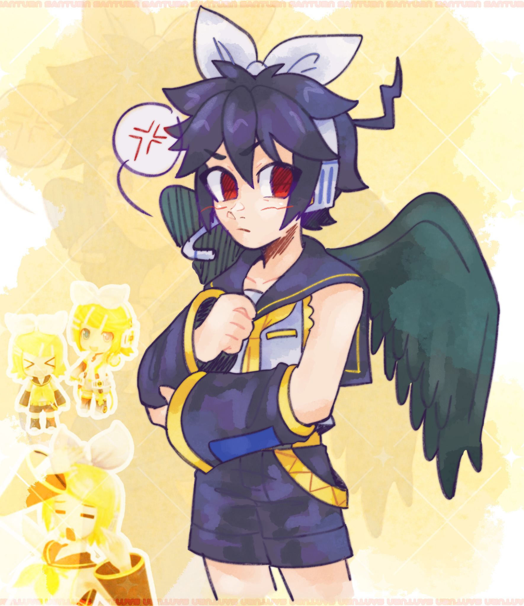 santurn, dark pit, kagamine rin, kid icarus, kid icarus uprising, nintendo, vocaloid, highres, > <, 1boy, ahoge, angel, angel wings, anger vein, artist name, black hair, black sailor collar, cosplay, detached sleeves, kagamine rin (cosplay), lightning ahoge, male focus, red eyes, sailor collar, wings, zoom layer
