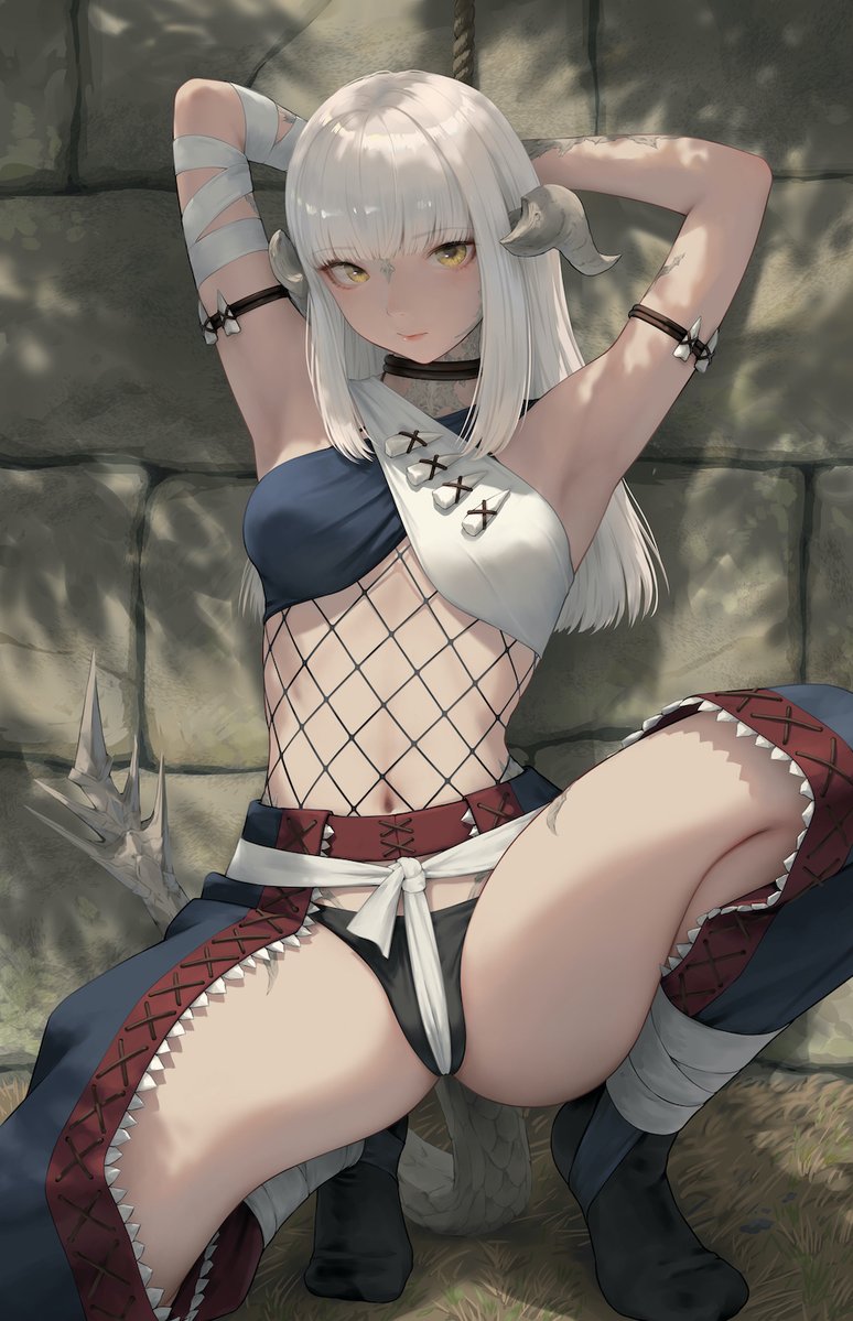 okoge lab, warrior of light (ff14), final fantasy, final fantasy xiv, monster hunter (series), commission, skeb commission, 1girl, armor, au ra, bdsm, bikini armor, black panties, bondage, bound, breasts, chaps, dragon girl, dragon horns, dragon tail, fishnet top, fishnets, horns, long hair, looking at viewer, medium breasts, nargacuga (armor), navel, panties, tail, underwear, white hair, yellow eyes