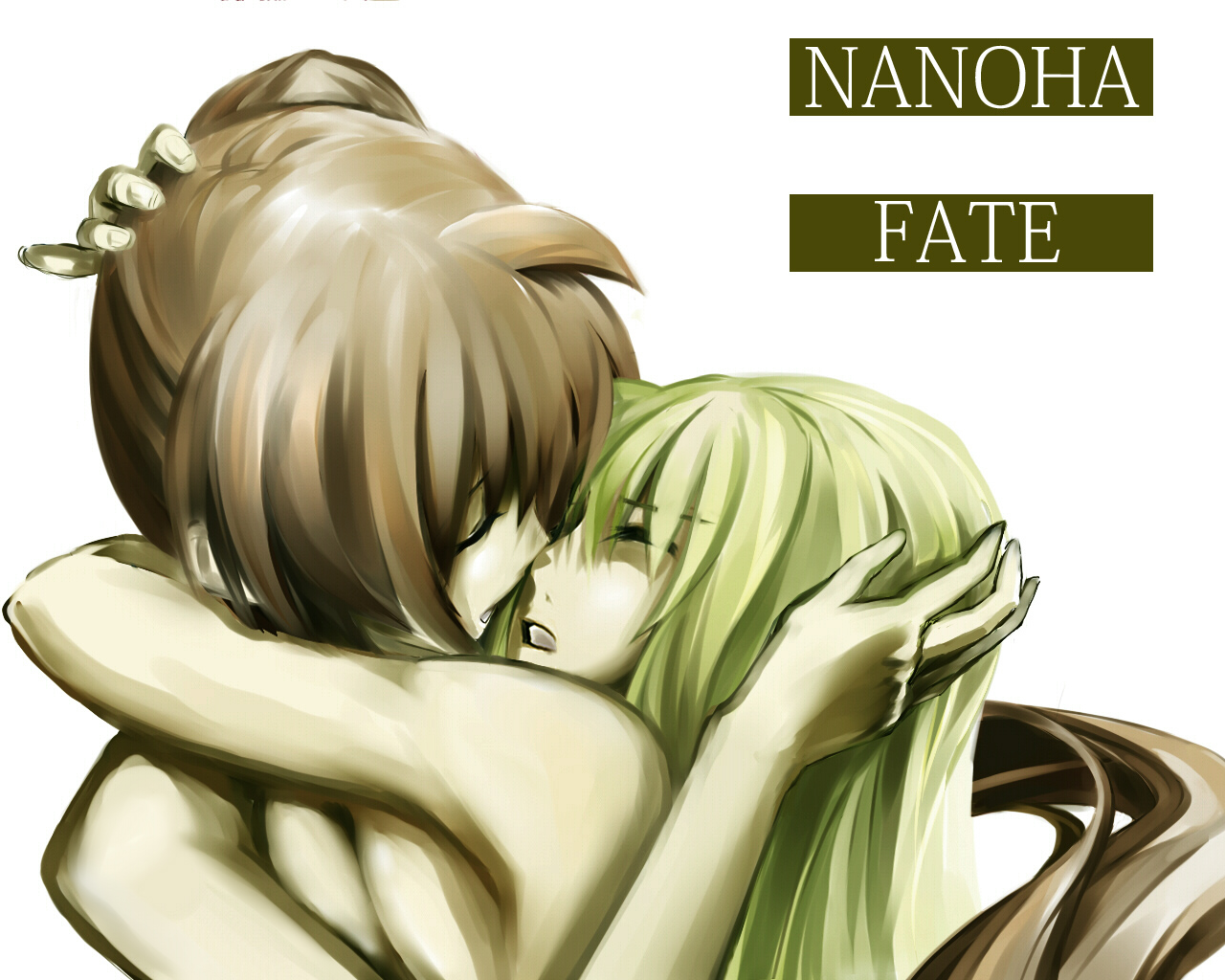 fate testarossa, takamachi nanoha, lyrical nanoha, mahou shoujo lyrical nanoha, 00s, 2girls, blonde hair, character name, closed eyes, hug, multiple girls, open mouth, yuri