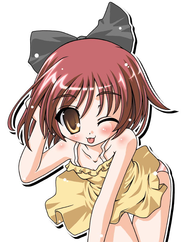 kekyo, kousaka tamaki, to heart (series), to heart 2, 00s, 1girl, :3, ;p, bare shoulders, black bow, bow, brown eyes, collarbone, cowboy shot, dress, female focus, hair bow, one eye closed, panties, red hair, short dress, short hair, solo, striped clothes, striped panties, thigh gap, tongue, tongue out, transparent background, underwear, wink, yellow dress
