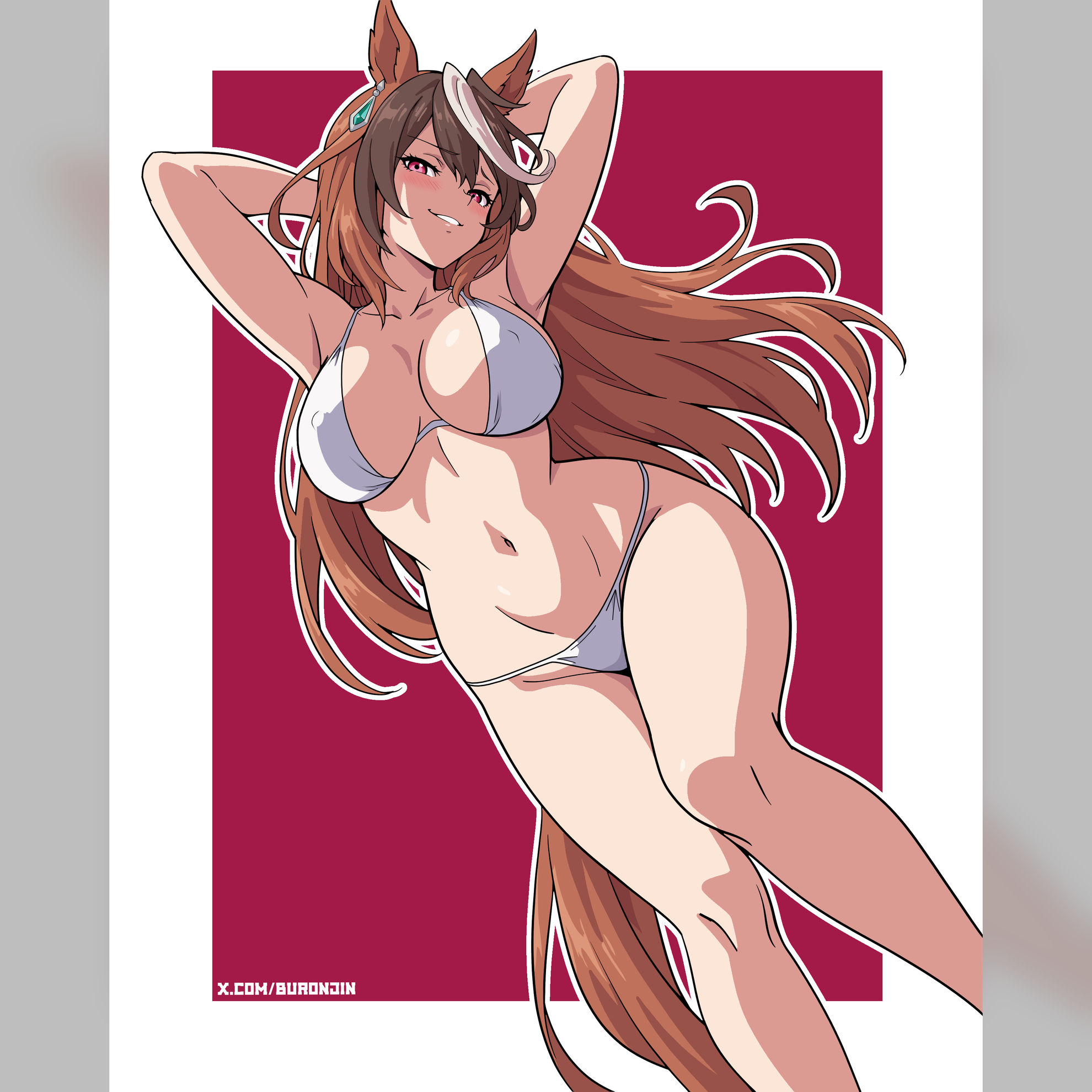 buronjin, symboli rudolf (umamusume), umamusume, commentary, english commentary, highres, paid reward available, animal ears, armpits, arms behind head, bikini, blush, breasts, brown hair, collarbone, covered erect nipples, feet out of frame, grin, horse ears, horse girl, horse tail, knees together feet apart, large breasts, multicolored hair, navel, pink eyes, pinup (style), red eyes, smile, standing, stomach, streaked hair, swimsuit, tail, thighs, twitter username, white bikini, white hair