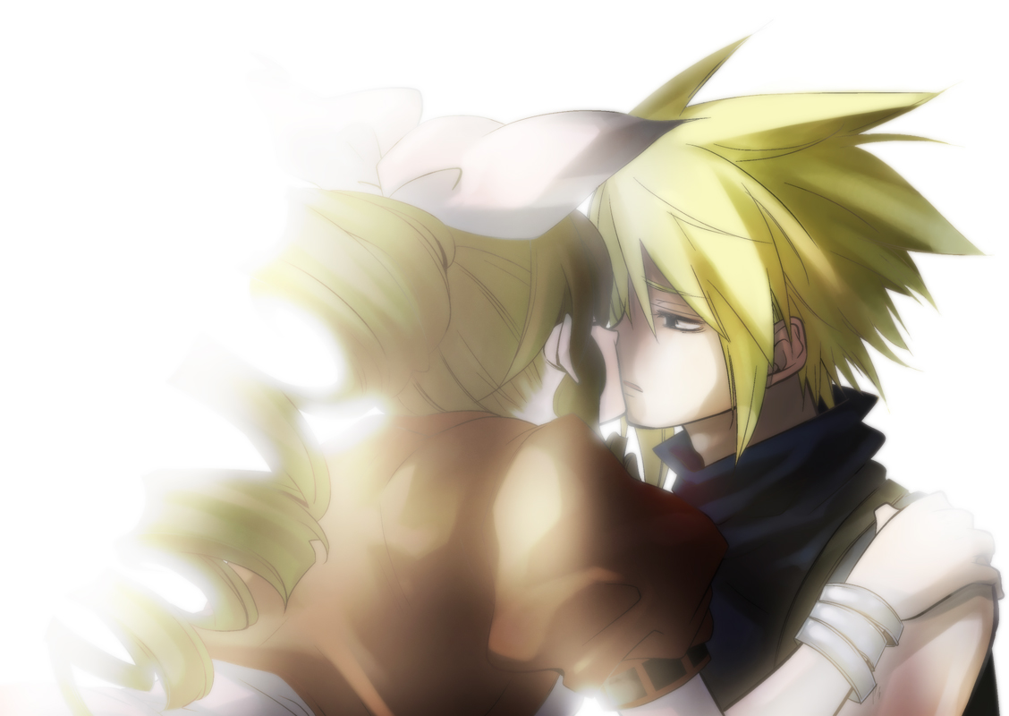 hidaka ryou, aerith gainsborough, cloud strife, final fantasy, final fantasy vii, bad id, bad pixiv id, 1990s (style), 1boy, 1girl, blonde hair, bow, brown hair, couple, drill hair, hair bow, hetero, kiss, ponytail, short hair, turtleneck