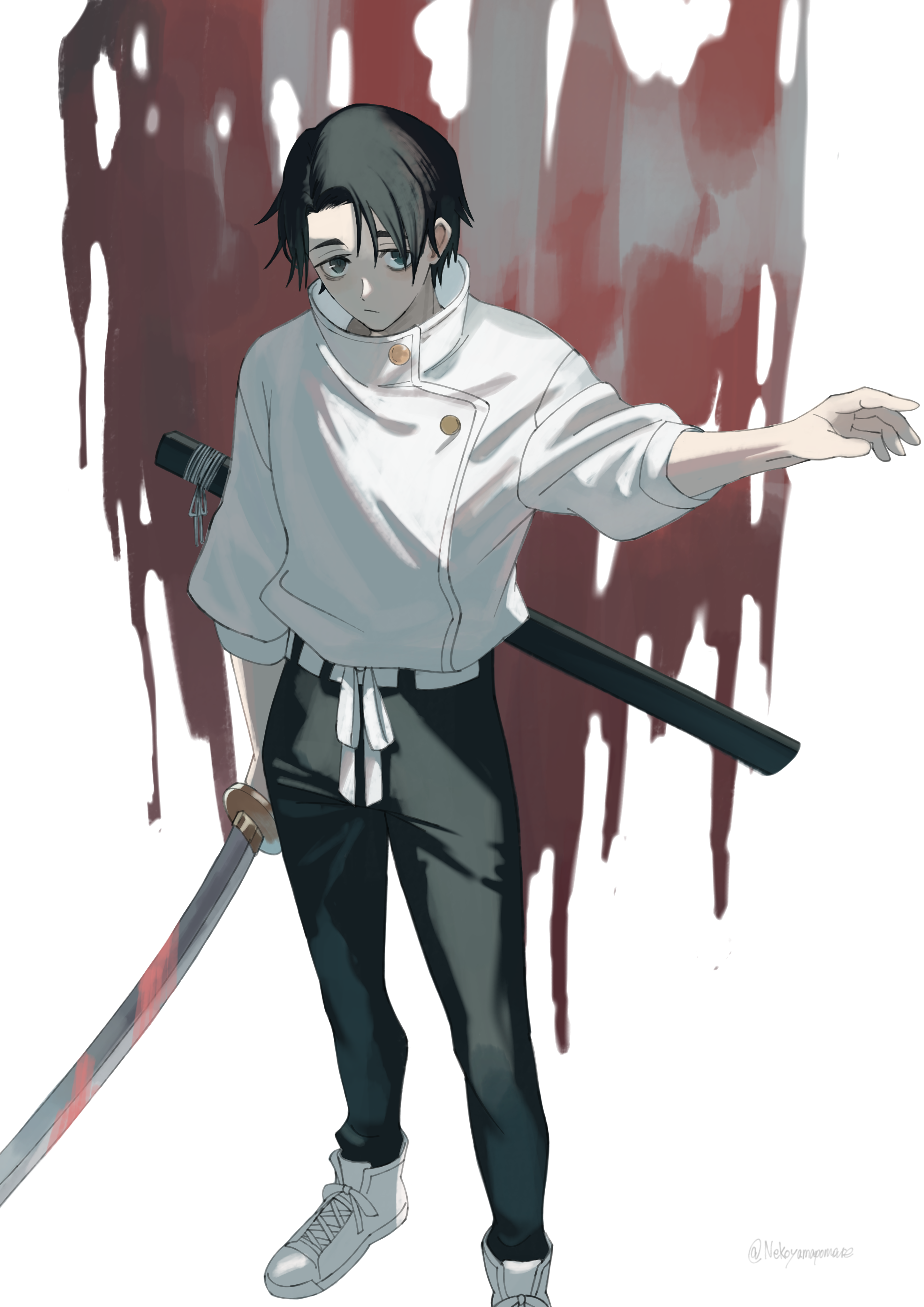 hareruya (smomo2227), okkotsu yuuta, jujutsu kaisen, absurdres, commentary, highres, 1boy, black hair, blood, bloody weapon, holding, holding sword, holding weapon, short hair, solo, sword, weapon