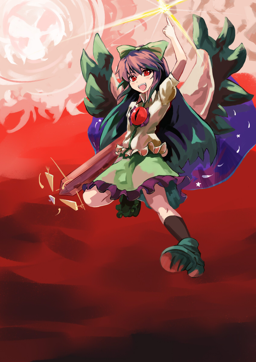 shibasaki shouji, reiuji utsuho, touhou, bad id, bad pixiv id, highres, 1girl, arm cannon, arm up, black hair, female focus, long hair, ribbon, solo, weapon, wings