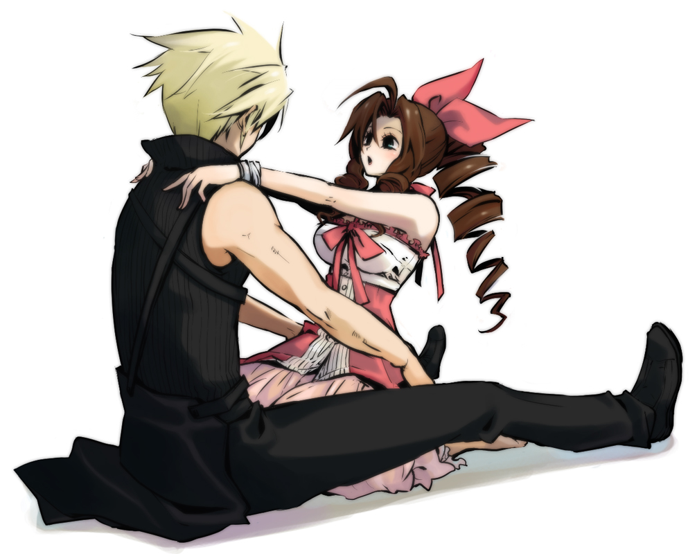 hidaka ryou, aerith gainsborough, cloud strife, final fantasy, final fantasy vii, final fantasy vii advent children, kingdom hearts, kingdom hearts ii, bad id, bad pixiv id, 00s, 1990s (style), 1boy, 1girl, ahoge, blonde hair, bow, brown hair, couple, dress, drill hair, frills, hair bow, hetero, pink bow, pink dress, ponytail, ribbon, short hair, spiked hair