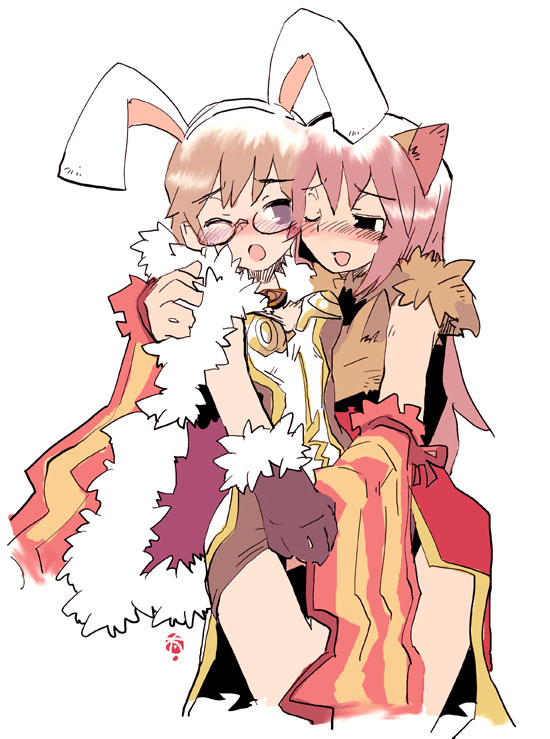 high wizard (ragnarok online), professor, professor (ragnarok online), ragnarok online, fur, 2girls, animal ears, blush, cape, crotch grab, fox ears, glasses, multiple girls, rabbit ears, yuri