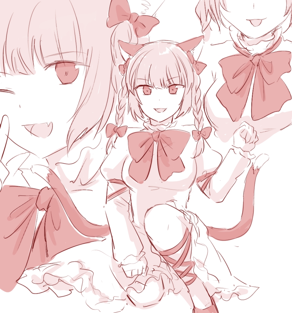 koto (shiberia39), kaenbyou rin, touhou, 1girl, :d, :p, animal ears, bow, bowtie, breasts, cat ears, cat tail, dress, fang, frills, hair between eyes, long sleeves, medium hair, multiple tails, open mouth, paw pose, red bow, red bowtie, red eyes, red hair, smile, solo, tail, tongue, tongue out, twintails, two tails