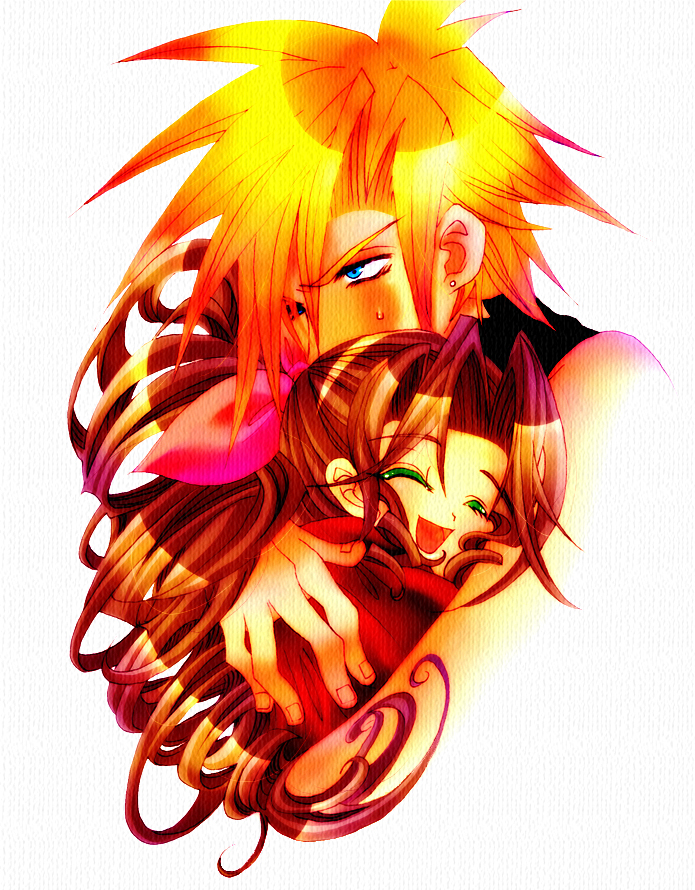 dattyo, aerith gainsborough, cloud strife, final fantasy, final fantasy vii, bad id, bad pixiv id, 1990s (style), 1boy, 1girl, blonde hair, blush, bow, brown hair, couple, drill hair, hetero, hug, pink bow, smile