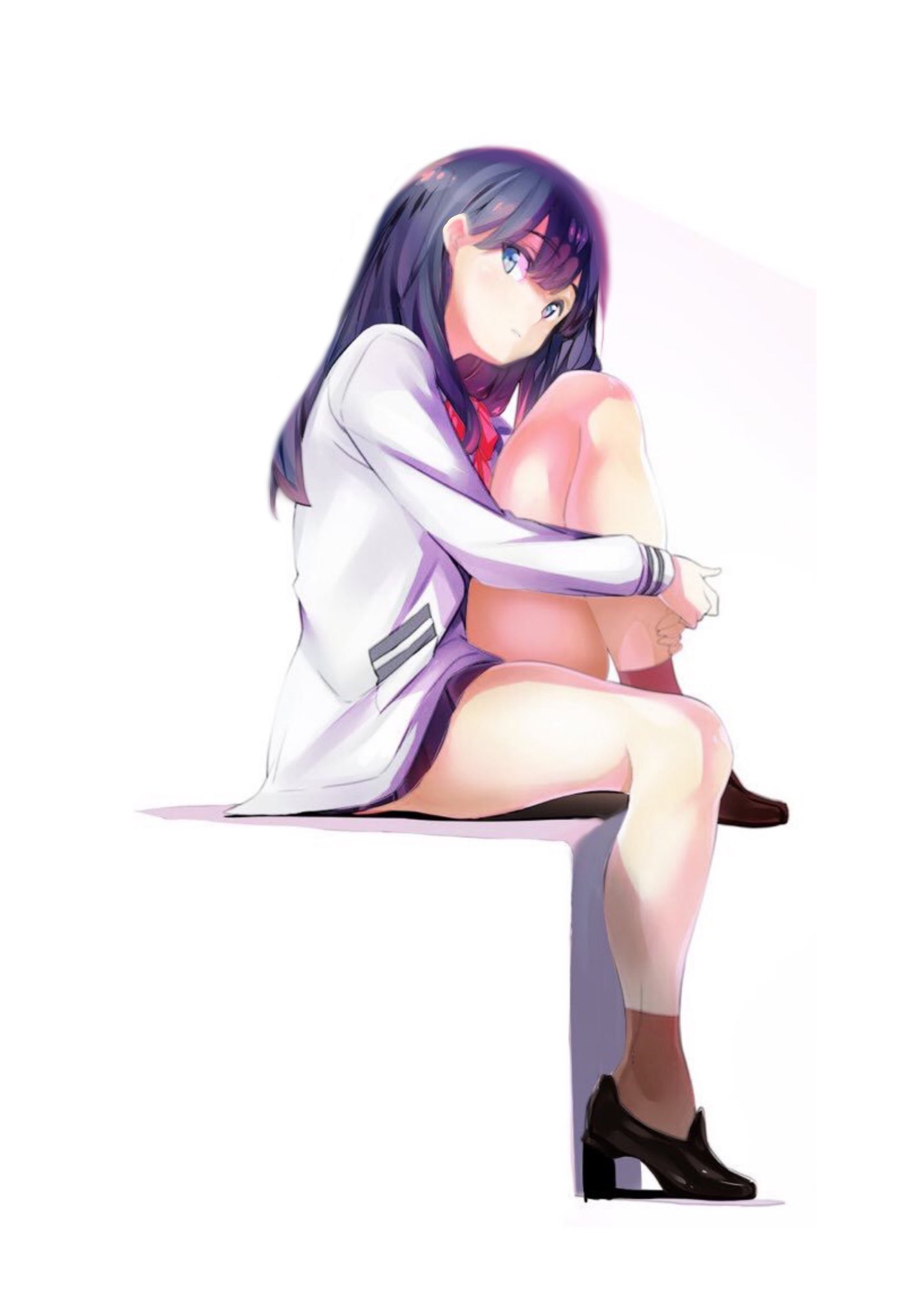 tsukamori shuuji, takarada rikka, gridman universe, ssss.gridman, commentary request, highres, 1girl, black hair, black shoes, black skirt, blue eyes, brown socks, from side, full body, hugging own leg, jacket, knee up, long hair, long sleeves, looking at viewer, miniskirt, neck ribbon, red ribbon, ribbon, shoes, simple background, sitting, skirt, socks, solo, thighs, white background, white jacket