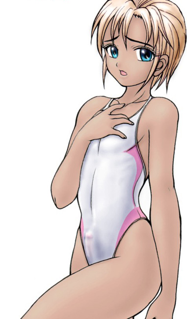 usura, 1boy, androgynous, bare arms, bare shoulders, blonde hair, blue eyes, bulge, collarbone, competition swimsuit, covered navel, crossdressing, crossdressing (mtf), dark-skinned male, dark skin, erection, erection under clothes, highleg, highleg one-piece swimsuit, looking at viewer, male focus, navel, one-piece swimsuit, open mouth, penis, see-through clothes, short hair, shota, simple background, solo, swimsuit, tan, thighs, trap, white background