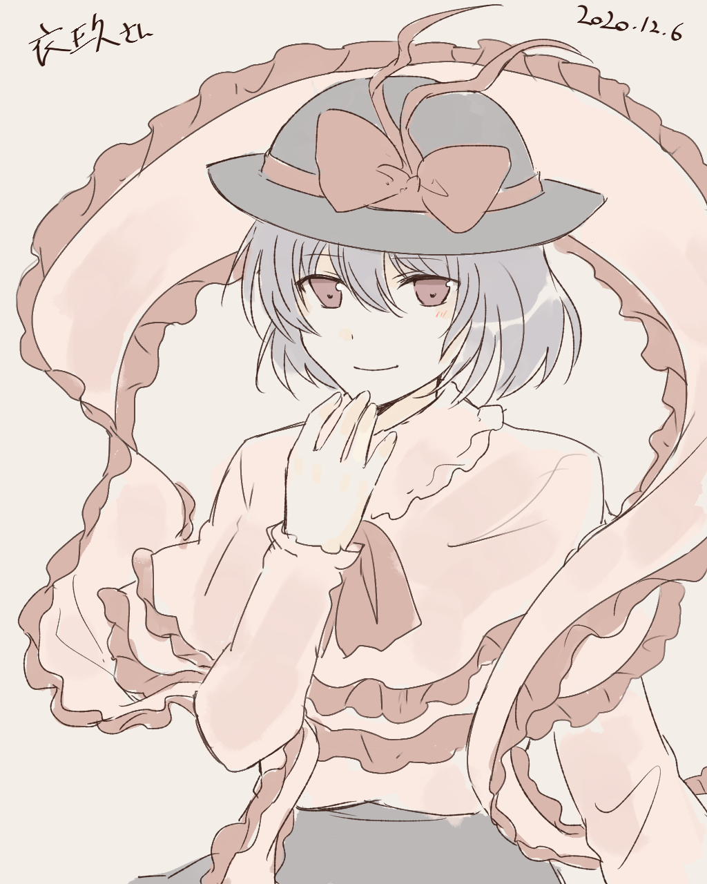koto (shiberia39), nagae iku, touhou, highres, 1girl, black skirt, bow, dated, frills, hair between eyes, hat, hat bow, long sleeves, purple eyes, purple hair, shawl, shirt, short hair, simple background, skirt, solo, standing