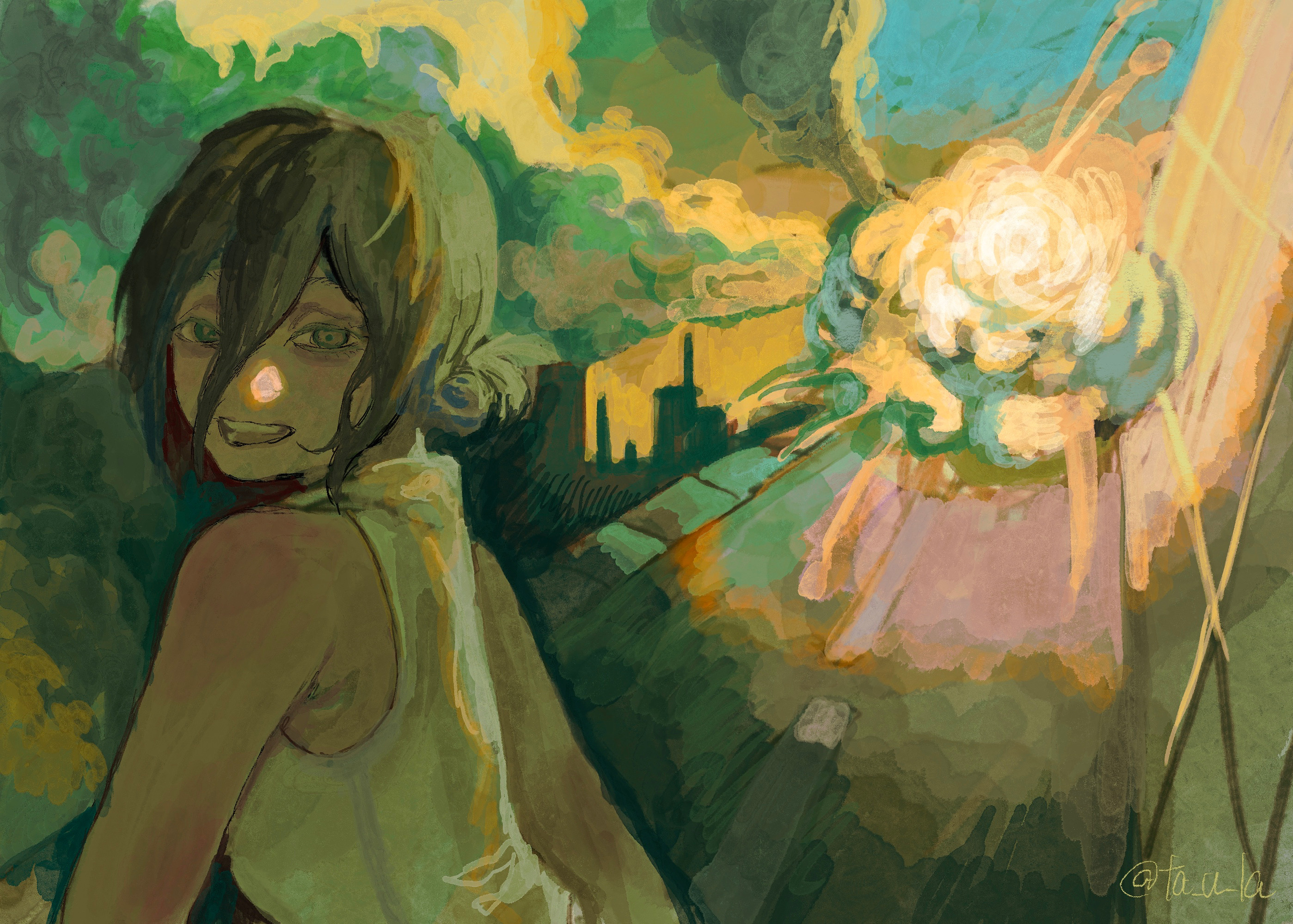 reze (chainsaw man), chainsaw man, highres, 1girl, black hair, explosion, grey eyes, hair between eyes, hair bun, looking at viewer, night, open mouth, outdoors, road, shirt, sleeveless, sleeveless shirt, smoke, solo, street, ta u la, teeth, twitter username, white shirt