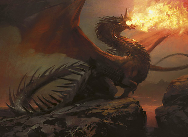 magic: the gathering, artist request, character request, tagme, dragon, fire, horns, no humans, single horn, solo, spikes, tail, wings