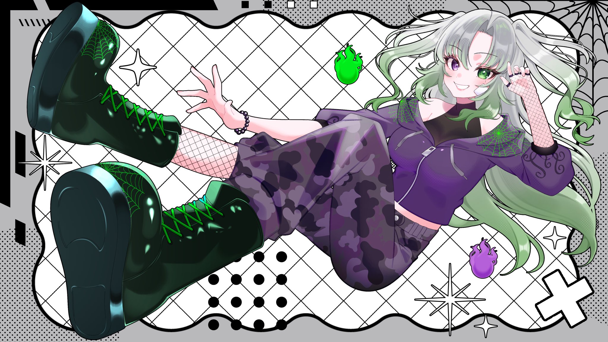 lilichanxxx, hana yoshida, indie virtual youtuber, commentary, english commentary, highres, 1girl, arm up, bandage on face, bandages, bead bracelet, beads, black boots, boots, border, bracelet, camouflage, camouflage pants, cropped jacket, fishnet pantyhose, fishnets, floating, full body, gradient hair, green hair, grey border, grey hair, hair between eyes, half updo, heterochromia, jacket, jewelry, leg up, long hair, mole, mole under eye, multicolored hair, pants, pantyhose, parted bangs, purple jacket, shirt, silk, single fishnet armwear, sleeveless, sleeveless shirt, smile, solo, spider web, virtual youtuber