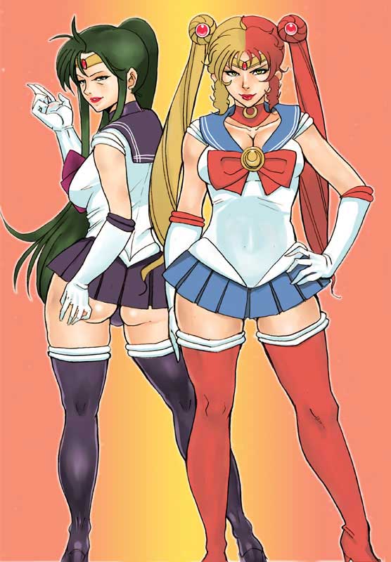 mokuzou, mokuzou zabuton, chara soon, cima garahau, sailor moon, sailor pluto, bishoujo senshi sailor moon, gundam, black neckwear, 2girls, ass, blue sailor collar, blue skirt, boots, bow, breasts, cleavage, cosplay, in-franchise crossover, large breasts, lips, magical girl, mature female, miniskirt, multicolored hair, multiple girls, red bow, sailor collar, sailor moon (cosplay), sailor pluto (cosplay), sailor senshi, skirt, split-color hair, thigh boots, thighhighs, two-tone hair