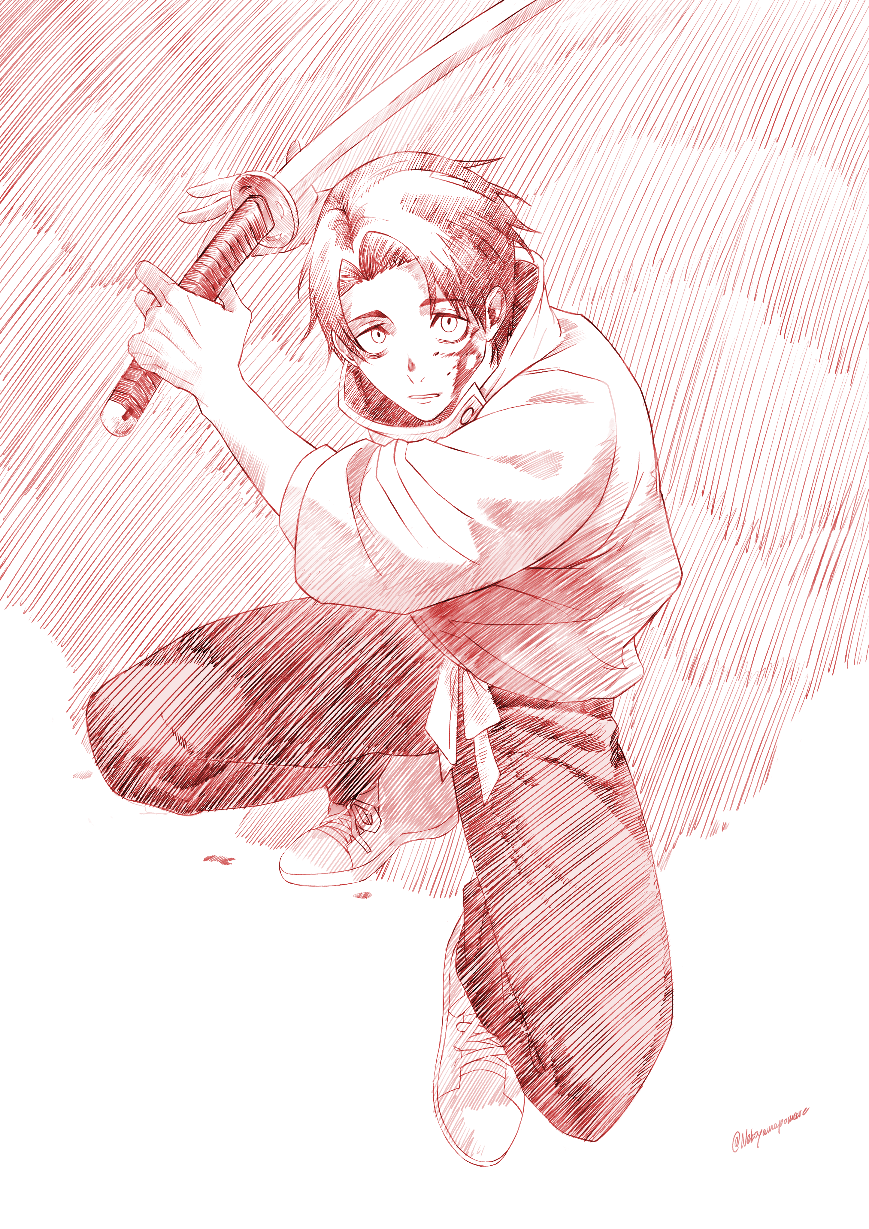 hareruya (smomo2227), okkotsu yuuta, jujutsu kaisen, absurdres, commentary, highres, 1boy, hatching (texture), holding, holding sword, holding weapon, red theme, short hair, solo, sword, twitter username, weapon