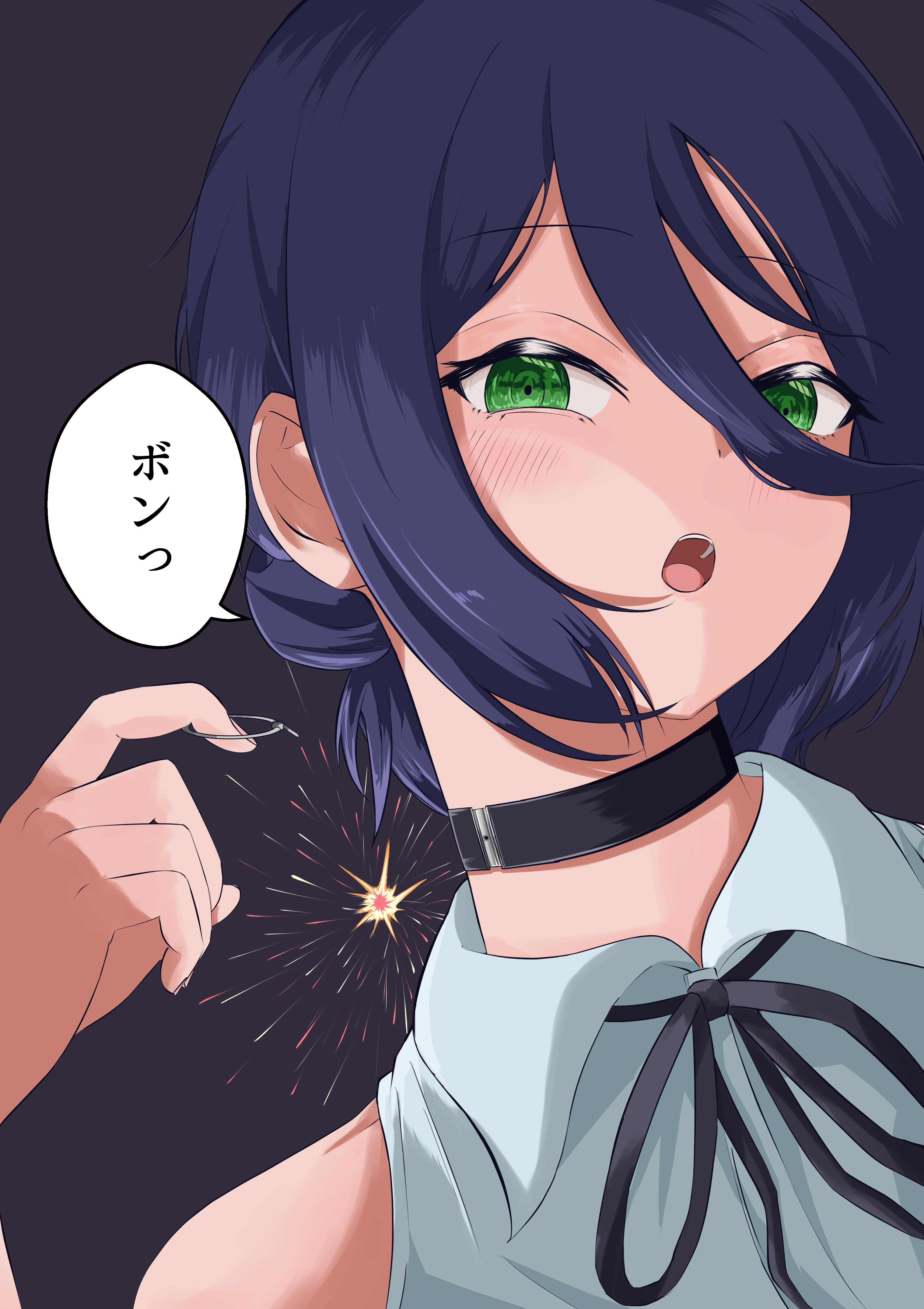 skylit, reze (chainsaw man), chainsaw man, absurdres, commentary request, highres, translation request, 1girl, black choker, black ribbon, blue hair, choker, green eyes, grenade pin, grey shirt, hair bun, neck ribbon, open mouth, ribbon, shirt, sleeveless, sleeveless shirt, solo, sparks, speech bubble