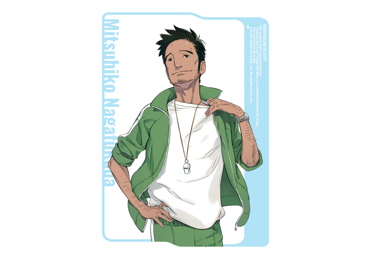 fukuda tomonori, nagafukada mitsuhiko, robotics;notes, science adventure, game cg, official art, 1boy, arm hair, black hair, facial hair, jacket, long hair, looking at viewer, male focus, open clothes, pants, shirt, short hair, simple background, smile, solo, stubble, track jacket, very short hair, whistle, whistle around neck, white shirt