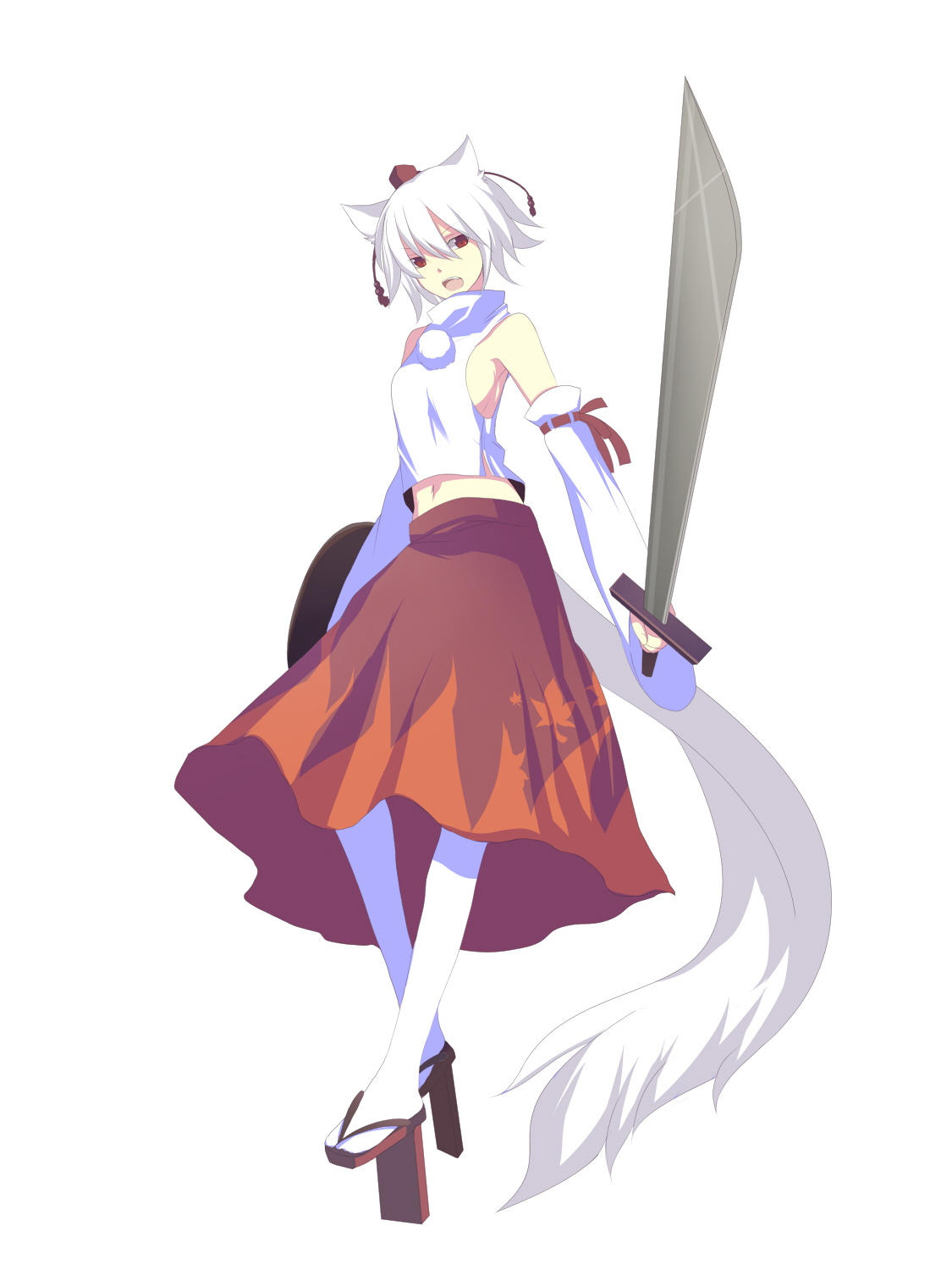 harano, inubashiri momiji, touhou, highres, 1girl, animal ears, breasts, female focus, geta, hat, pantyhose, pom pom (clothes), red eyes, shield, short hair, sideboob, small breasts, solo, sword, tail, tengu-geta, tokin hat, weapon, white hair, wolf ears, wolf tail