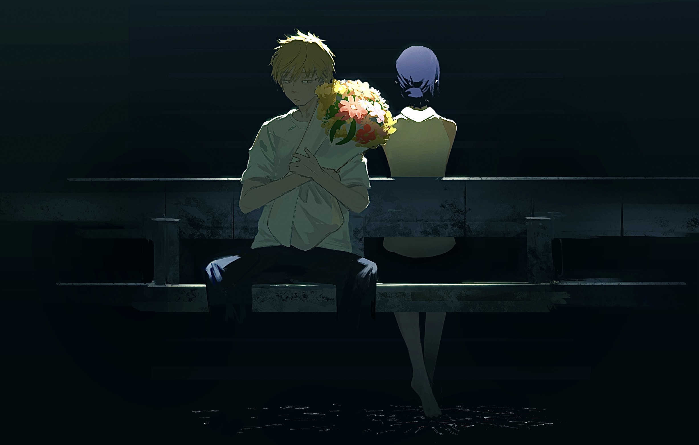 kubu fugu, denji (chainsaw man), reze (chainsaw man), chainsaw man, highres, 1boy, 1girl, black pants, blonde hair, blue hair, bouquet, closed mouth, flower, hair bun, holding, holding bouquet, pants, shirt, short hair, sitting, sleeveless, sleeveless shirt, white shirt