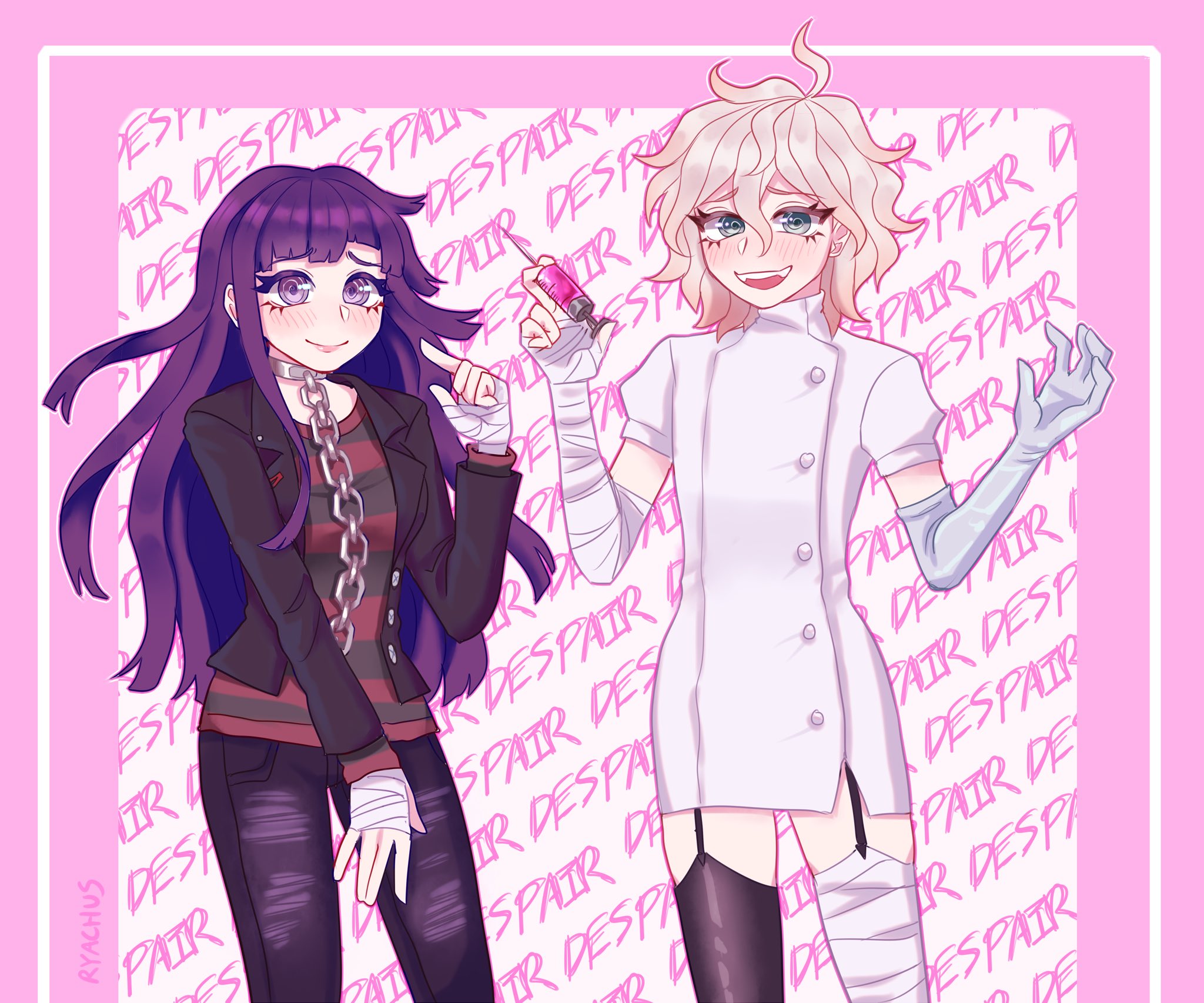 ryyy (ryartchus), komaeda nagito, servant (danganronpa), tsumiki mikan, danganronpa (series), danganronpa 3 (anime), danganronpa another episode: ultra despair girls, commentary, english commentary, highres, spoilers, 1boy, 1girl, bandaged arm, bandaged hand, bandaged leg, bandages, black jacket, black thighhighs, blush, buttons, chain, chain leash, closed mouth, cosplay, costume switch, cowboy shot, crossdressing, crossdressing (ftm), crossdressing (mtf), dress, elbow gloves, english text, eyelashes, gloves, green eyes, holding, holding syringe, jacket, leash, long hair, long sleeves, messy hair, open clothes, open jacket, open mouth, pants, pointing, pointing at self, purple eyes, purple hair, servant (danganronpa) (cosplay), shirt, short dress, short hair, single elbow glove, smile, striped clothes, striped shirt, syringe, teeth, thighhighs, torn clothes, torn pants, tsumiki mikan (cosplay), upper teeth only, white dress, white hair