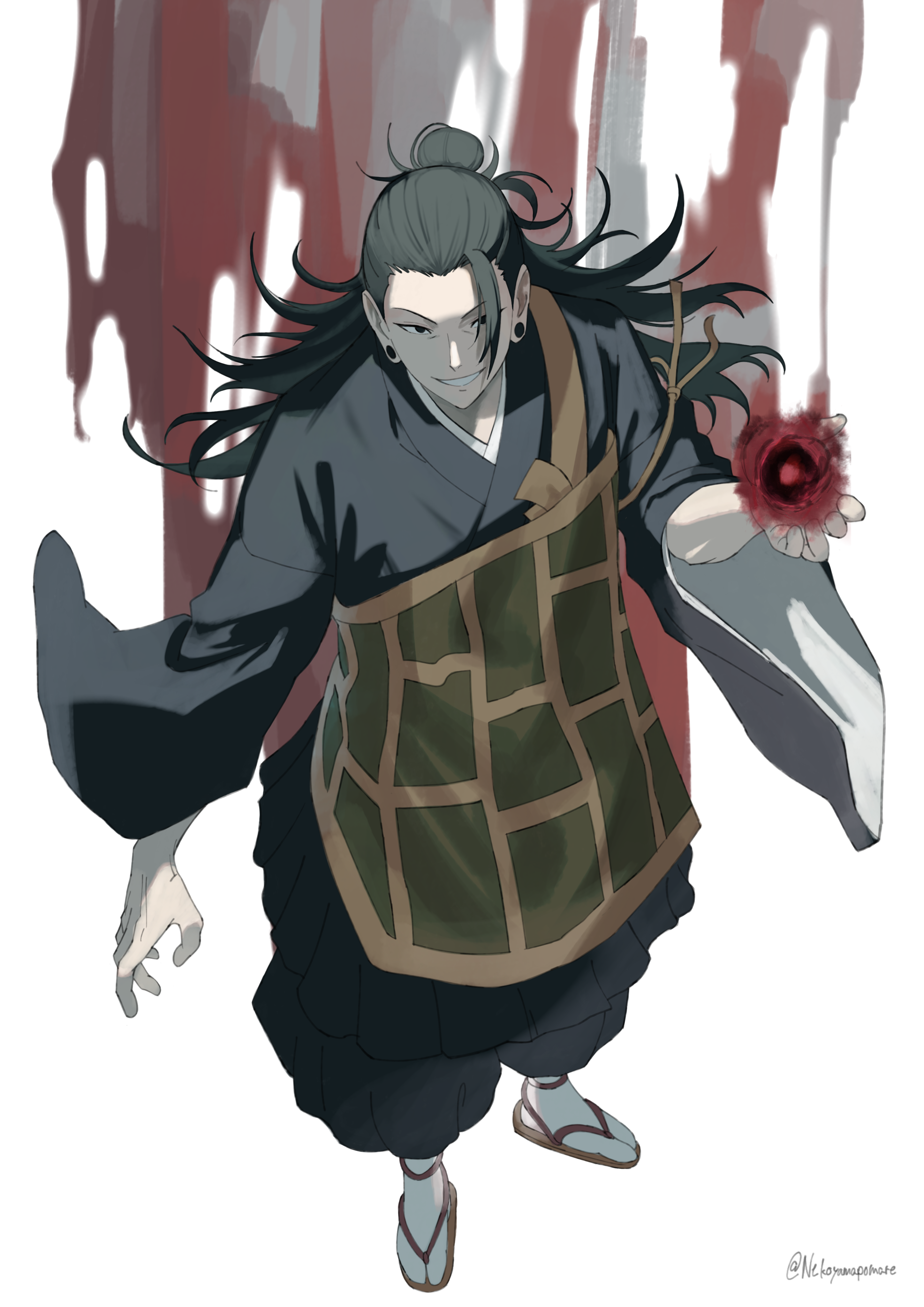 hareruya (smomo2227), getou suguru, jujutsu kaisen, absurdres, commentary, highres, 1boy, black eyes, black hair, ear piercing, from above, long hair, piercing, plug (piercing), solo, twitter username
