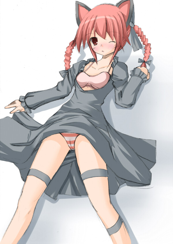 liya, kaenbyou rin, touhou, 1girl, animal ears, bra, braid, breasts, cameltoe, cat ears, cat girl, cat tail, dress, female focus, gradient background, legwear garter, long hair, one eye closed, panties, red eyes, red hair, ribbon, small breasts, solo, striped clothes, striped panties, tail, twin braids, twintails, underwear, white background, wink