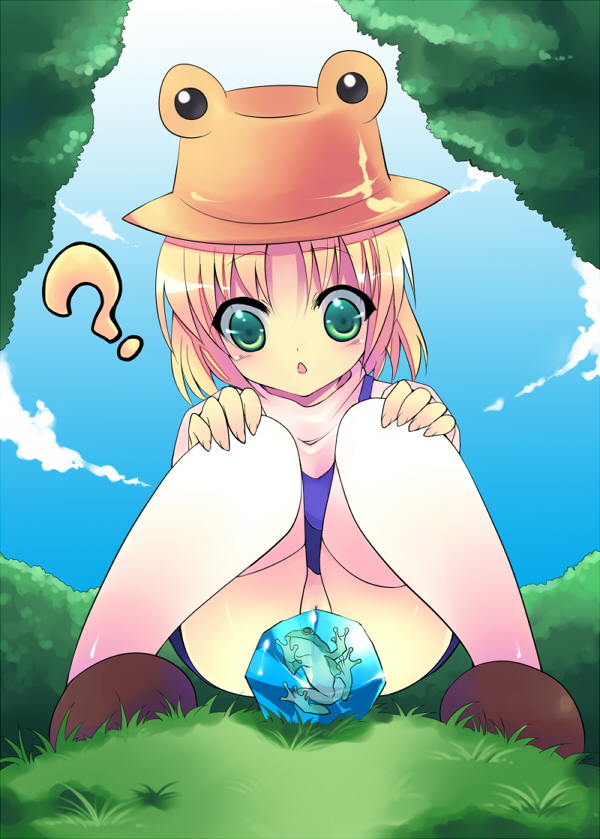 panbai, moriya suwako, touhou, 1girl, ?, cleft of venus, female focus, frog, hat, ice, loli, no panties, pussy, solo, thighhighs