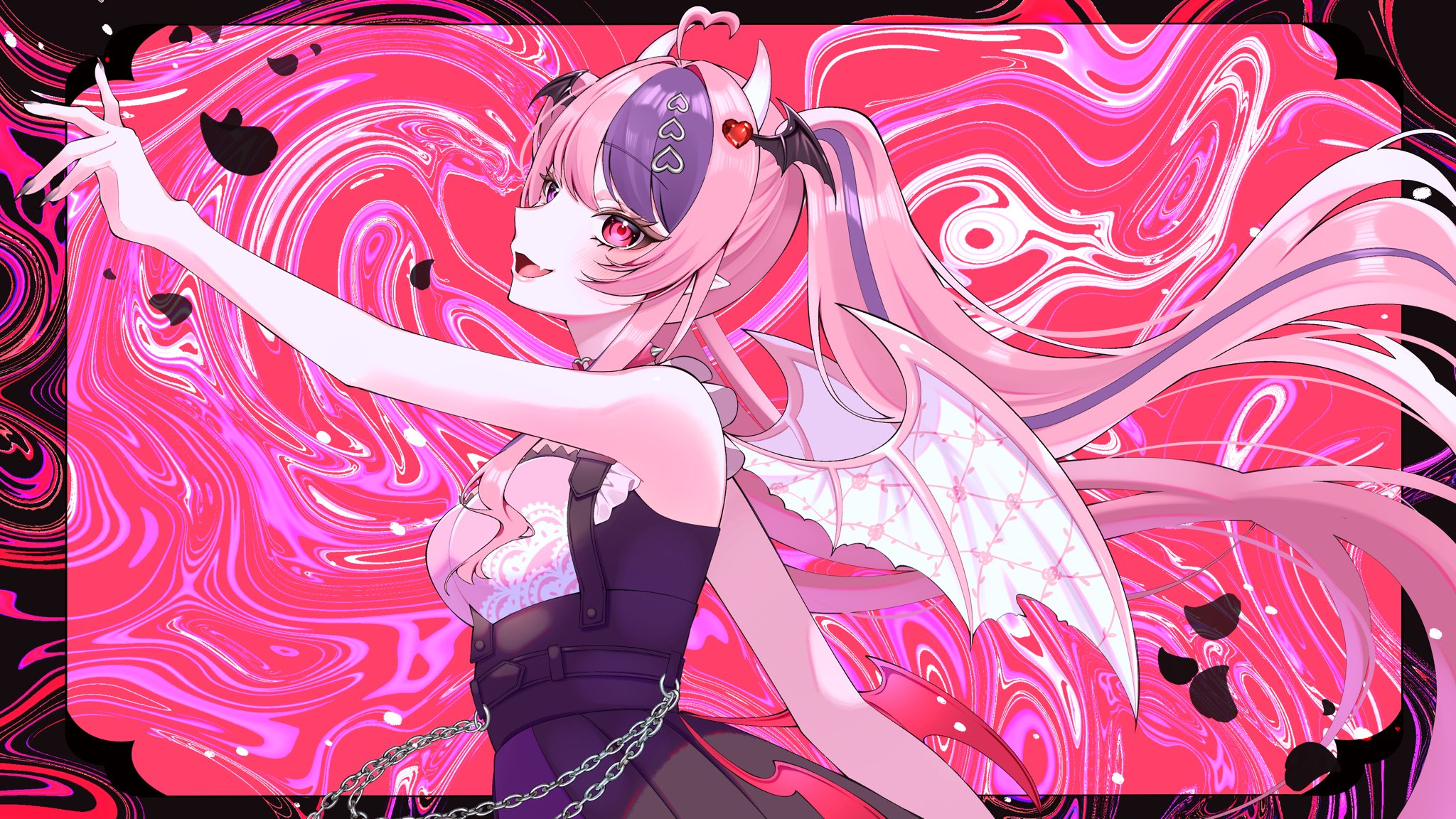 lilichanxxx, ironmouse, ironmouse (15th costume), indie virtual youtuber, commentary, english commentary, highres, 1girl, ahoge, arm up, black overskirt, black wings, demon girl, demon horns, demon wings, from side, hair between eyes, hair ornament, head wings, heart, heart ahoge, heart hair ornament, horns, long hair, multicolored hair, open mouth, pink eyes, pink hair, pink shirt, pointy ears, shirt, sleeveless, smile, solo, streaked hair, twintails, upper body, virtual youtuber, white horns, wings