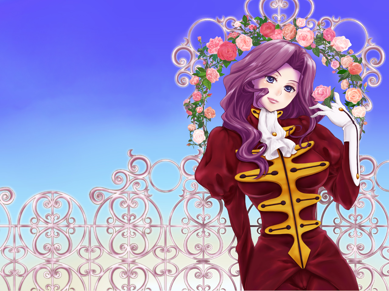higi (rodriguez), cornelia li britannia, code geass, 00s, blue eyes, blush, flower, gate, gloves, lipstick, makeup, purple eyes, purple hair, rose, smile, solo, wavy hair