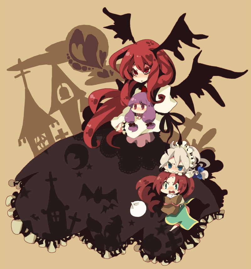 maka, momomomomomomo, mondorera, hong meiling, izayoi sakuya, koakuma, patchouli knowledge, embodiment of scarlet devil, touhou, beige background, bad id, bad pixiv id, 4girls, black dress, blonde hair, character doll, demon girl, doll, dress, female focus, full body, head wings, long hair, looking at viewer, multiple girls, purple eyes, red eyes, red hair, simple background, size difference, very long hair, wings