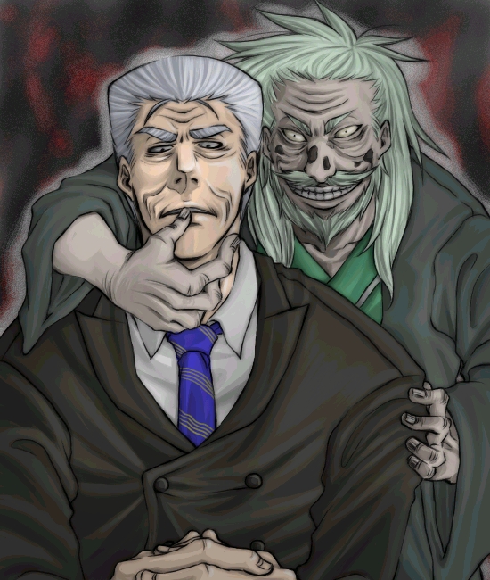 tanotsuku daisuke, hyoudou kazutaka, tonegawa yukio, kaiji, 2boys, beard, crazy eyes, facial hair, formal clothes, grin, male focus, multiple boys, mustache, necktie, old, old man, smile, suit, white hair