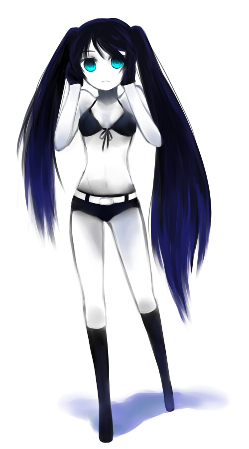 meimone, black rock shooter (character), black rock shooter, bad id, bad pixiv id, 10s, 1girl, belt, bikini, bikini top only, black bikini, blue eyes, female focus, full body, gloves, glowing, gradient background, multicolored hair, shorts, socks, solo, swimsuit, twintails, uneven twintails