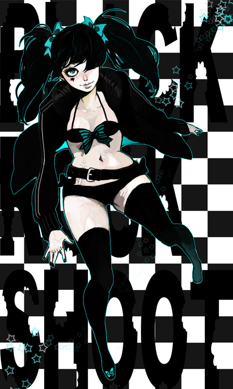 him, black rock shooter (character), black rock shooter, bad id, bad pixiv id, 10s, 1girl, belt, black hair, blue eyes, bra, checkers, female focus, hair ribbon, jacket, lingerie, panties, ribbon, scar, solo, star (symbol), thighhighs, twintails, underwear