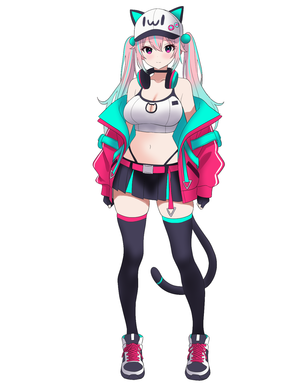 shibito (shibito0000), original, highres, 1girl, animal ears, bare shoulders, belt, belt buckle, blonde hair, blue hair, blush, breasts, buckle, cat cutout, cat ears, cat tail, choker, cleavage, cleavage cutout, clothing cutout, collarbone, crop top, fake animal ears, fake tail, fingerless gloves, gloves, hair between eyes, hair ornament, hat, headphones, headphones around neck, highleg, highleg panties, jacket, large breasts, long hair, looking at viewer, miniskirt, multicolored hair, navel, off-shoulder sweater, off shoulder, open clothes, open jacket, panties, pink eyes, pleated skirt, shoes, simple background, skirt, smile, solo, standing, sweater, tail, thick thighs, thighhighs, thighs, twintails, underwear, white background