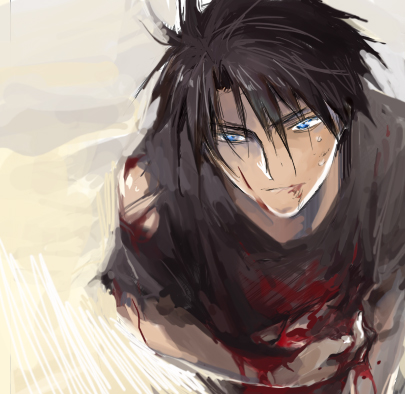 pisukesu, orphen, majutsushi orphen, lowres, 1boy, black hair, blood, blue eyes, gradient background, male focus, solo
