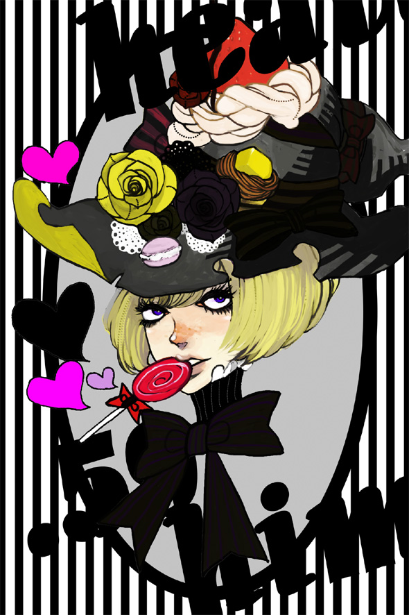 him, original, striped, bad id, bad pixiv id, blonde hair, blue eyes, candy, eyelashes, fashion, flower, food, food-themed clothes, hat, lollipop, makeup, mascara, short hair, solo, swirl lollipop, victorian