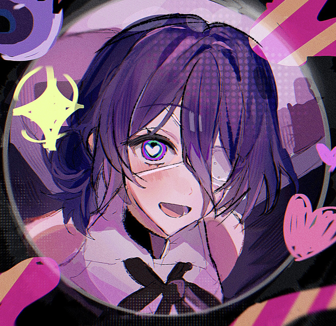 san (sanmi0613), reze (chainsaw man), chainsaw man, monitoring (vocaloid), commentary request, highres, 1girl, black ribbon, eyepatch, grey shirt, hair between eyes, hair bun, heart, heart-shaped pupils, medical eyepatch, neck ribbon, open mouth, pov peephole, purple eyes, purple hair, ribbon, shirt, solo, symbol-shaped pupils