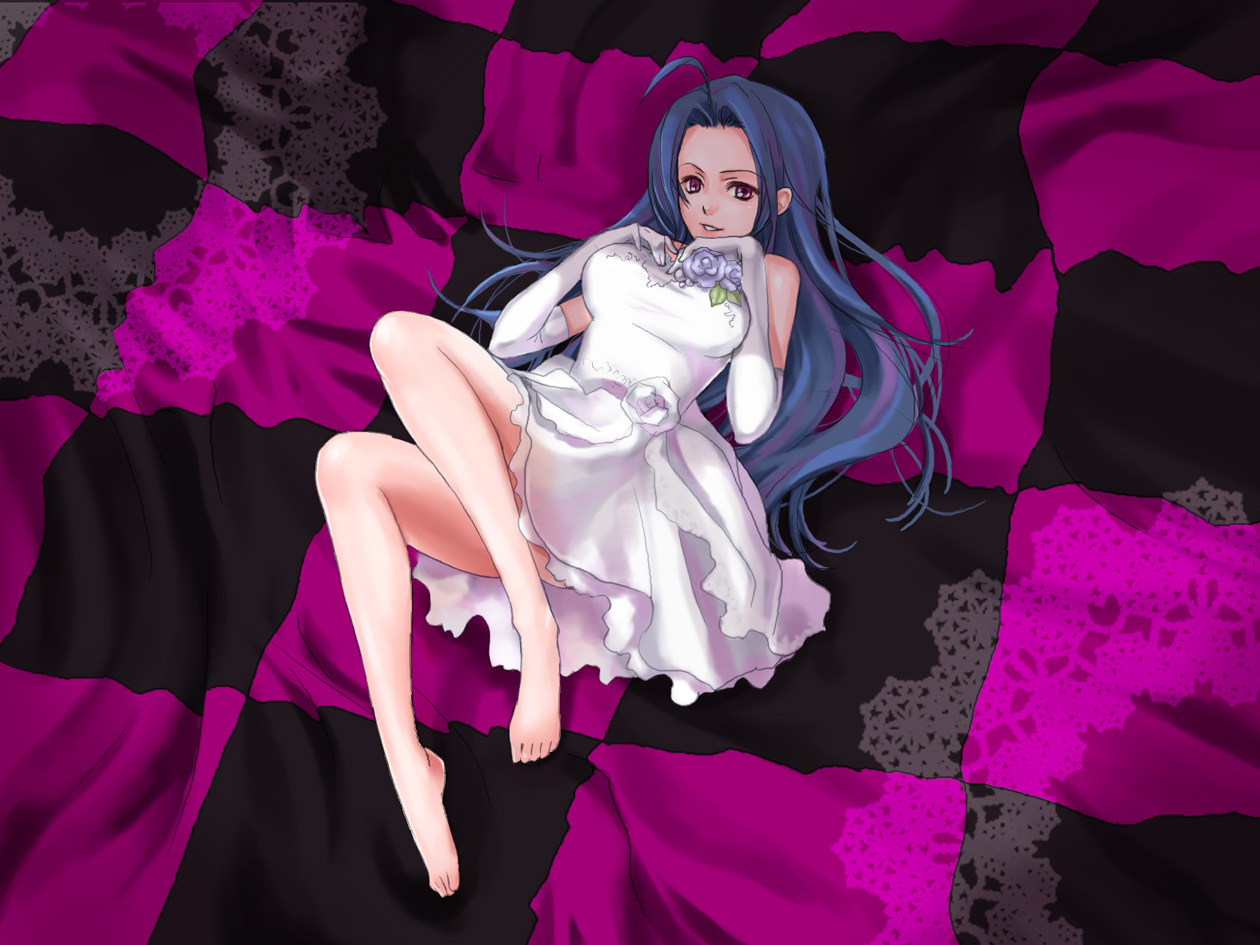 vuipui, hatsune miku, miura azusa, idolmaster, idolmaster (classic), idolmaster 1, vocaloid, world is mine (vocaloid), derivative work, 1girl, barefoot, blue hair, breast suppress, breasts, dress, elbow gloves, feet, female focus, gloves, large breasts, legs, long hair, long legs, lying, parody, red eyes, solo, thighs, wedding dress
