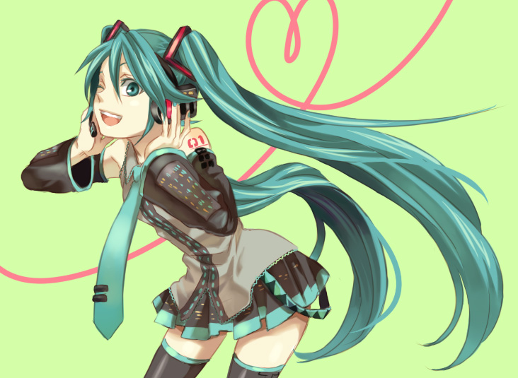 miho (mi), hatsune miku, vocaloid, bad id, bad pixiv id, 1girl, blue eyes, blue hair, detached sleeves, female focus, headset, heart, long hair, matching hair/eyes, necktie, one eye closed, skirt, smile, solo, thighhighs, twintails, wink