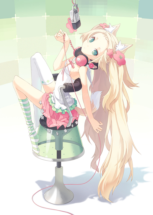 h2so4, original, bad id, bad pixiv id, 1girl, animal ears, blonde hair, cat ears, cat tail, female focus, green eyes, headphones, long hair, microphone, skirt, socks, solo, striped clothes, striped socks, studio microphone, tail, very long hair