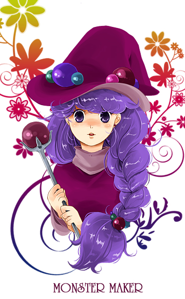 @zu, azuko (@zuco), rufia (monster maker), monster maker, bad id, bad pixiv id, 1girl, braid, copyright name, female focus, hat, jewelry, long hair, purple eyes, purple hair, solo, wand, witch, witch hat