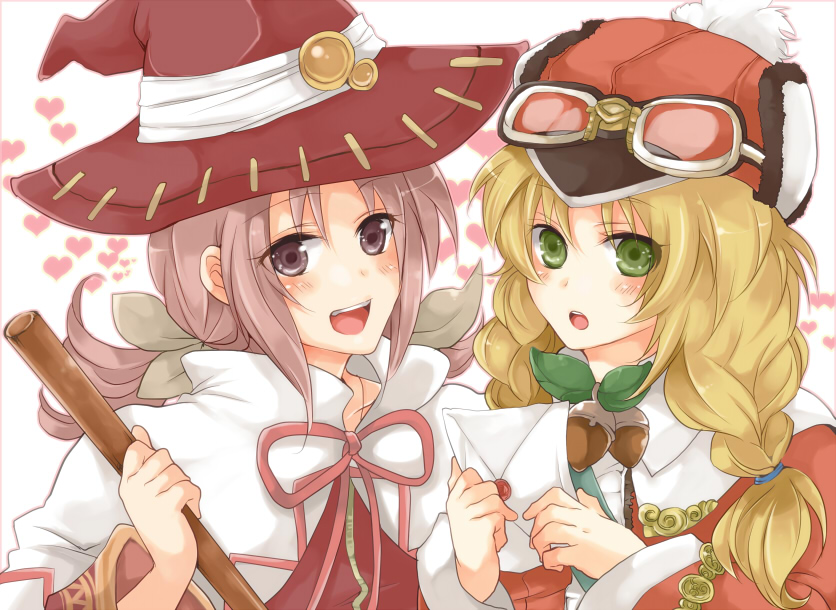 konoha2014, anette, annette (spy kyoushitsu), rune factory, rune factory frontier, 2girls, :d, :o, acorn, blonde hair, braid, brown eyes, capelet, fur trim, goggles, goggles on headwear, green eyes, hat, heart, holding, holding letter, holding staff, leaf, letter, low twintails, multiple girls, open mouth, pale skin, pink hair, red hat, smile, staff, twin braids, twintails, upper body, white capelet, witch, witch hat