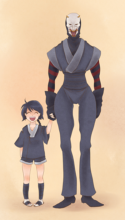 @zu, azuko (@zuco), hannya (rurouni kenshin), makimachi misao, rurouni kenshin, bad id, bad pixiv id, 1boy, 1girl, ^ ^, aged down, arms at sides, bad anatomy, black socks, braid, closed eyes, demon, full body, hannya, kneehighs, legs apart, mask, ninja, noh mask, simple background, single braid, size difference, smile, socks, standing, tabi
