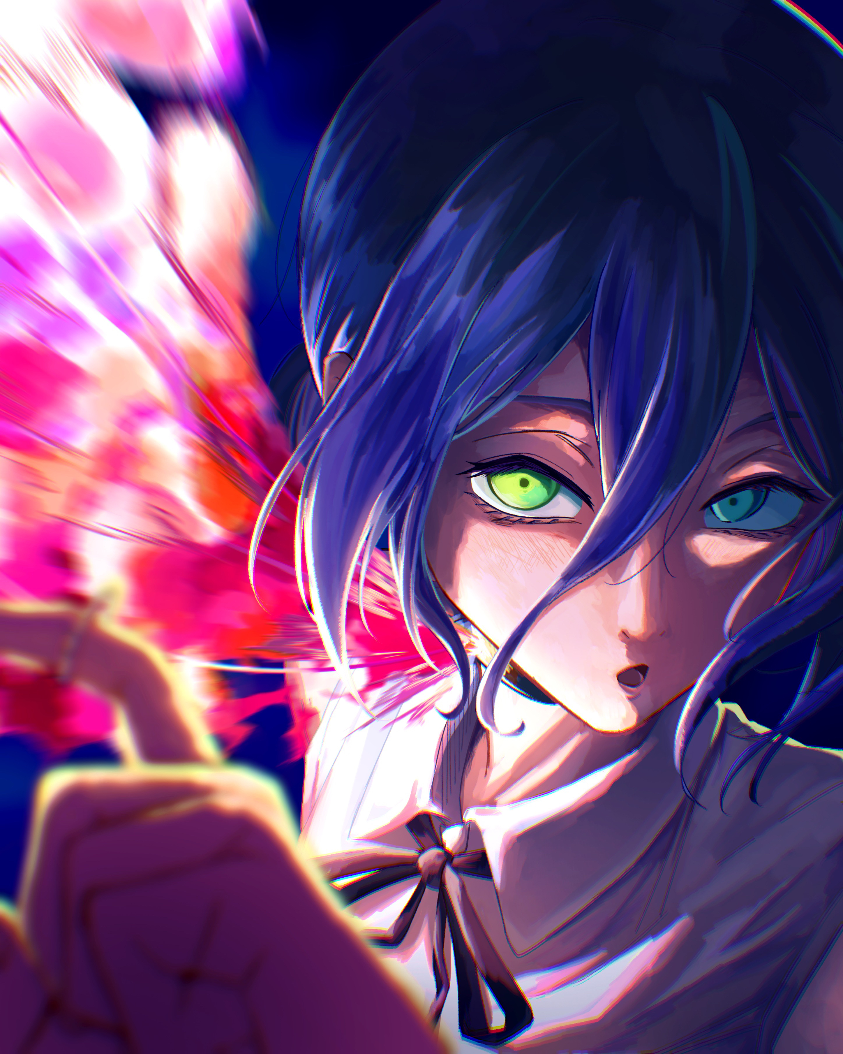 yuutafunaki, reze (chainsaw man), chainsaw man, absurdres, highres, 1girl, black ribbon, blue hair, blurry, blurry foreground, collared shirt, explosion, green eyes, grenade pin, hair between eyes, looking at viewer, neck ribbon, open mouth, ribbon, shirt, sleeveless, sleeveless shirt, solo
